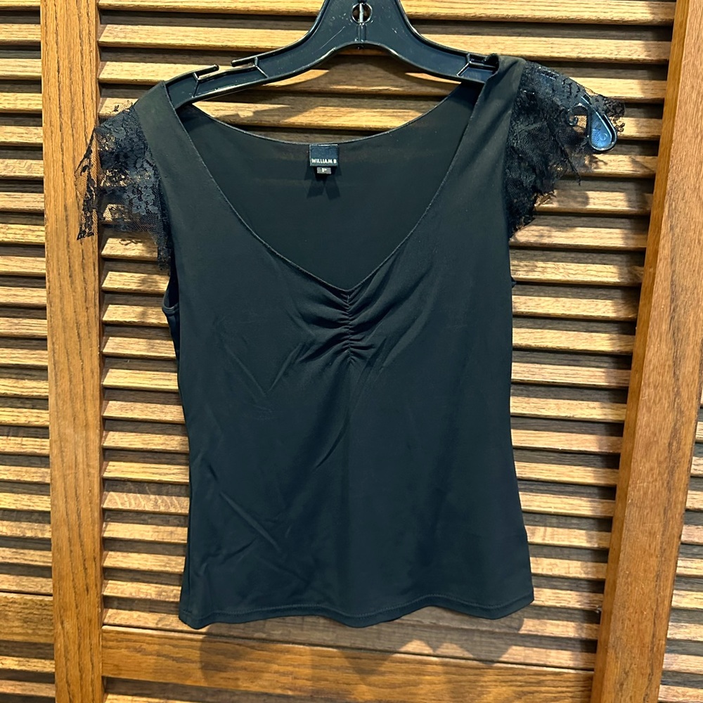 Black top with lace flutter sleeves size P